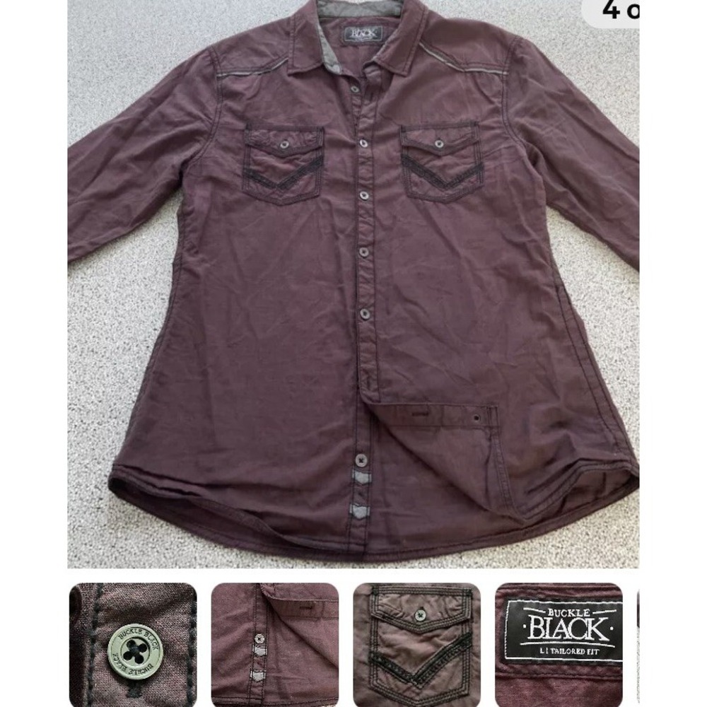 Buckle Black Button Down Shirt Mens L Burgundy Tailored Fit Western Urban Cowboy